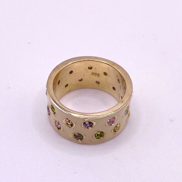 Sterling Silver Gold Vermeil Enamel Wide Band Ring With CZ Crystals - Picture 6 of 6